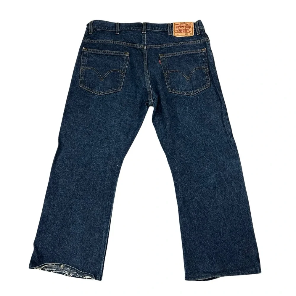 Vintage Levi's 517 Bootcut Jeans 38x27 Blue Indigo Denim Distressed Hems Mens